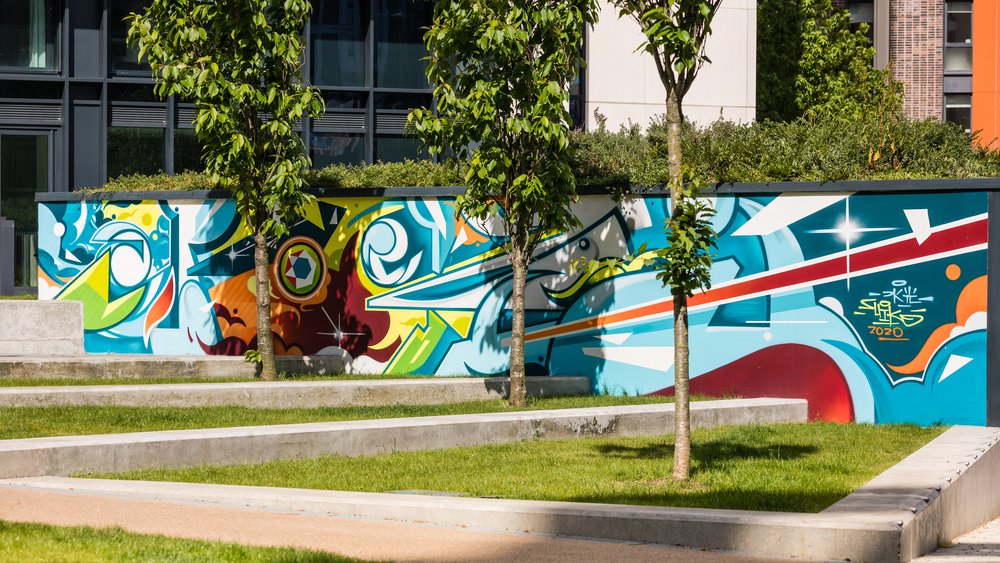 Fire & Water artwork by Suiko at Elvin Gardens in Wembley Park