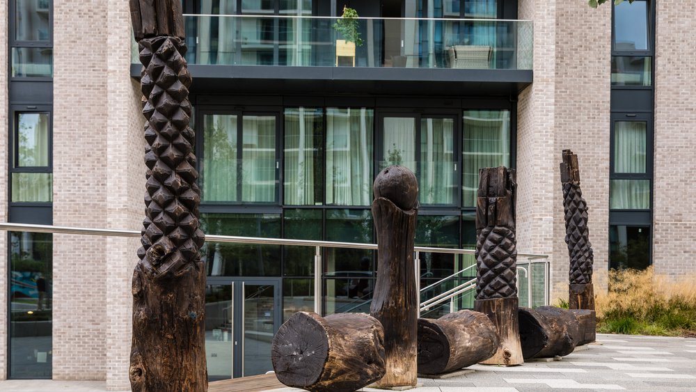 Tilia Tree Totems in Elvin Gardens at Wembley Park