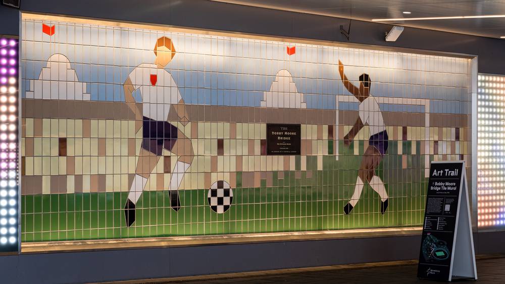 Bobby Moore tile mural under Bobby Moore Bridge in Wembley Park