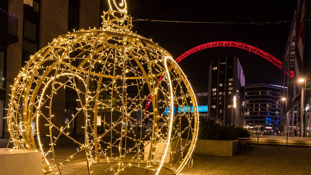 Christmas Bauble selfie spot at Wembley Park