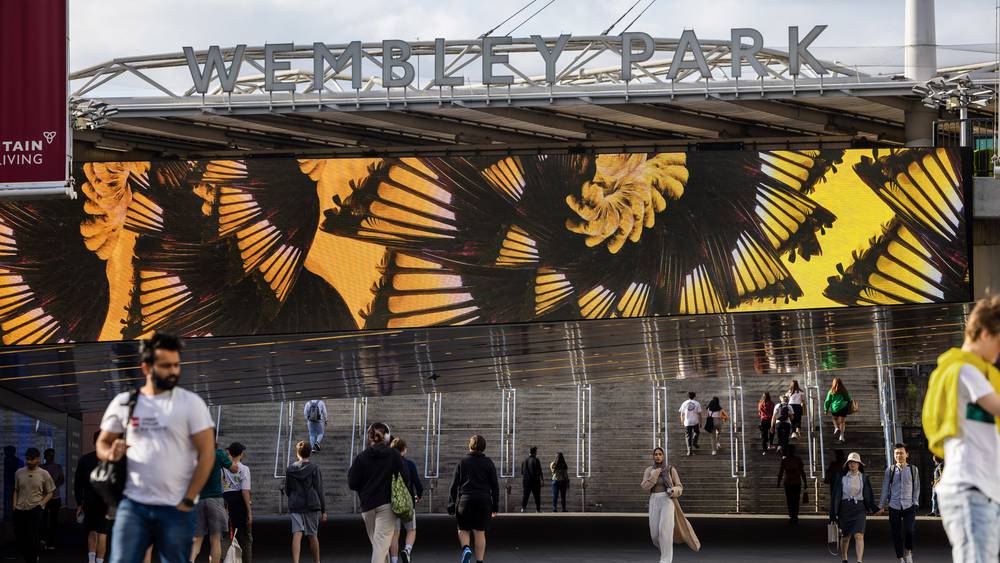 'Messenger' by Claire Luxton displayed on Bobby Moore Bridge as part of the free Wembley Park Art Trail