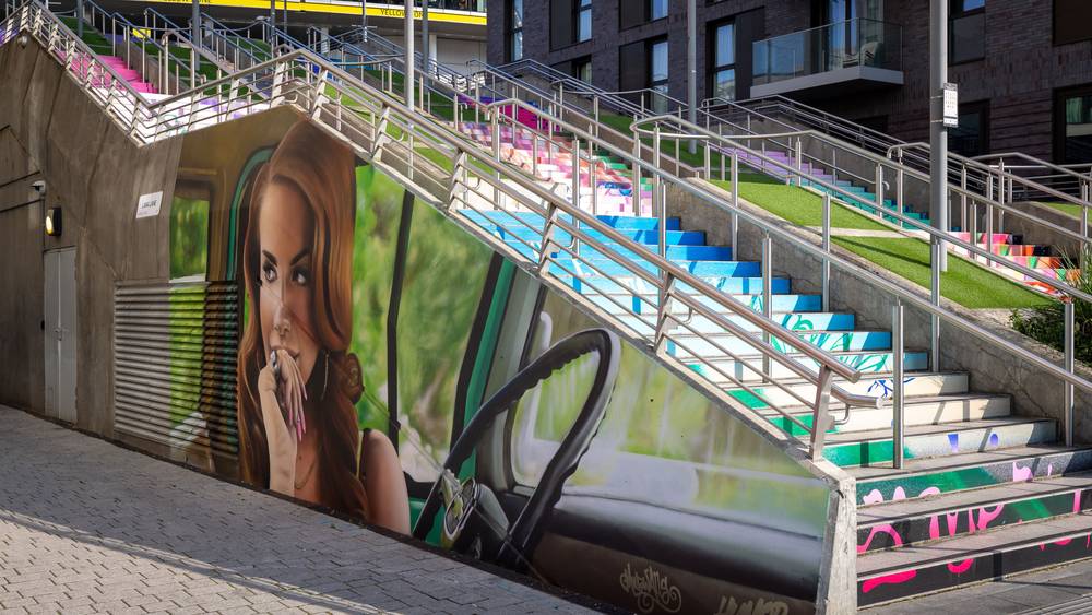 The Lana Del Rey mural and Swiftie Steps together at Wembley Park — a double tribute to music icons in one unforgettable setting.