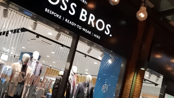 Moss Bros shopfront signage and window display at London Designer Outlet, Wembley Park