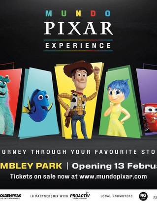 Promotional banner for Mundo Pixar Exhibition London at Wembley Park showing Woody, Sulley, Joy, Dory and Lightning McQueen with event details: Openin