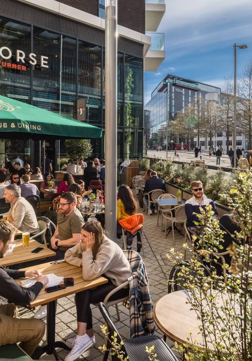 The White Horse pub terrace on Arena Square directly opposite OVO Arena Wembley entrance
