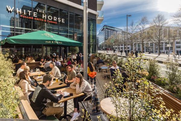 The White Horse pub terrace on Arena Square directly opposite OVO Arena Wembley entrance