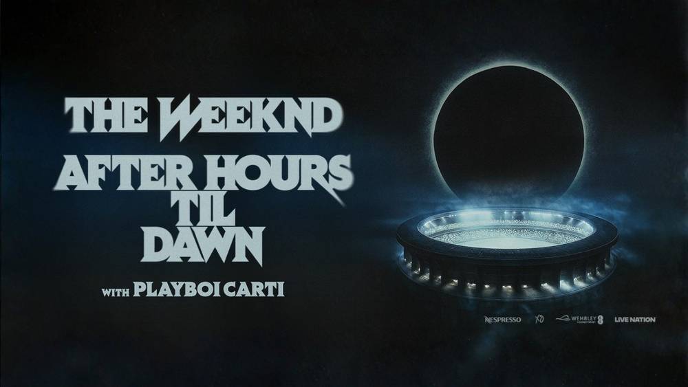 Official artwork for The Weeknd After Hours Til Dawn Tour at Wembley Stadium 2026 with Playboi Carti