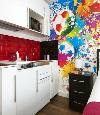 Wembley Park Hotel themed studio room with football mural and kitchenette, a short walk from Wembley Stadium, London
